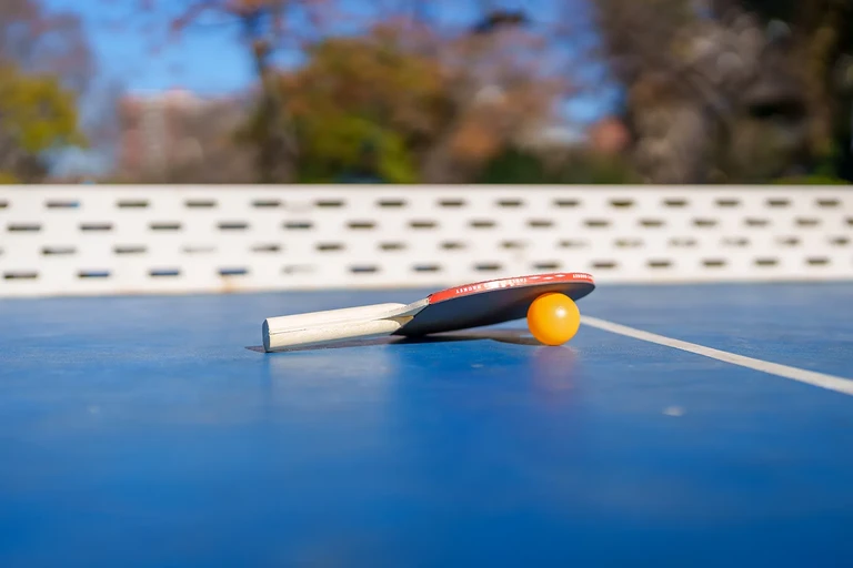 Detalle de mesa de ping pong con red, paleta y pelota al aire libre